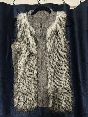 Gray Faux Owl Fur & Knit Zip-Front Vest